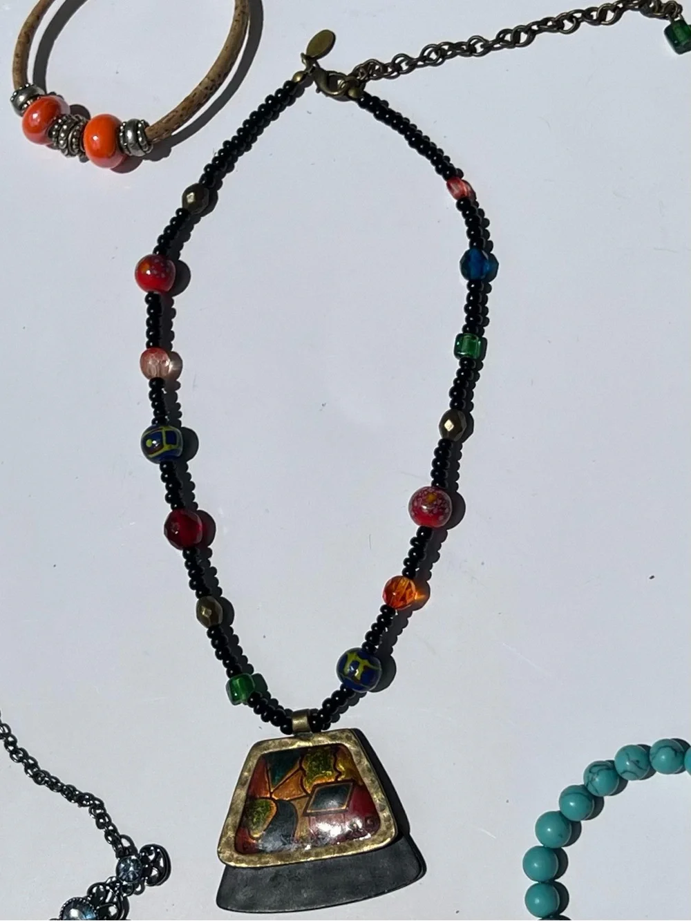 Chico's Black Beaded Necklace with Multicolor Accent Beads and Geometric Pendant
